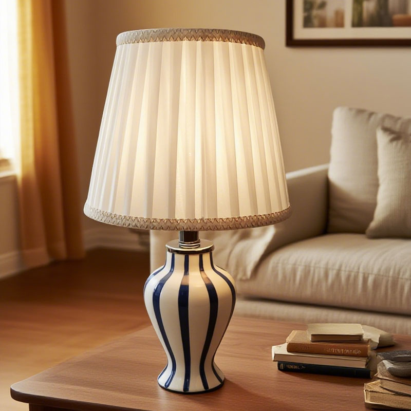 Blue and white striped ceramic table lamp