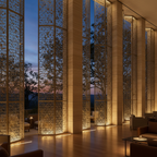 Architectural Interior with Perforated Metal Screens and Warm Uplighting