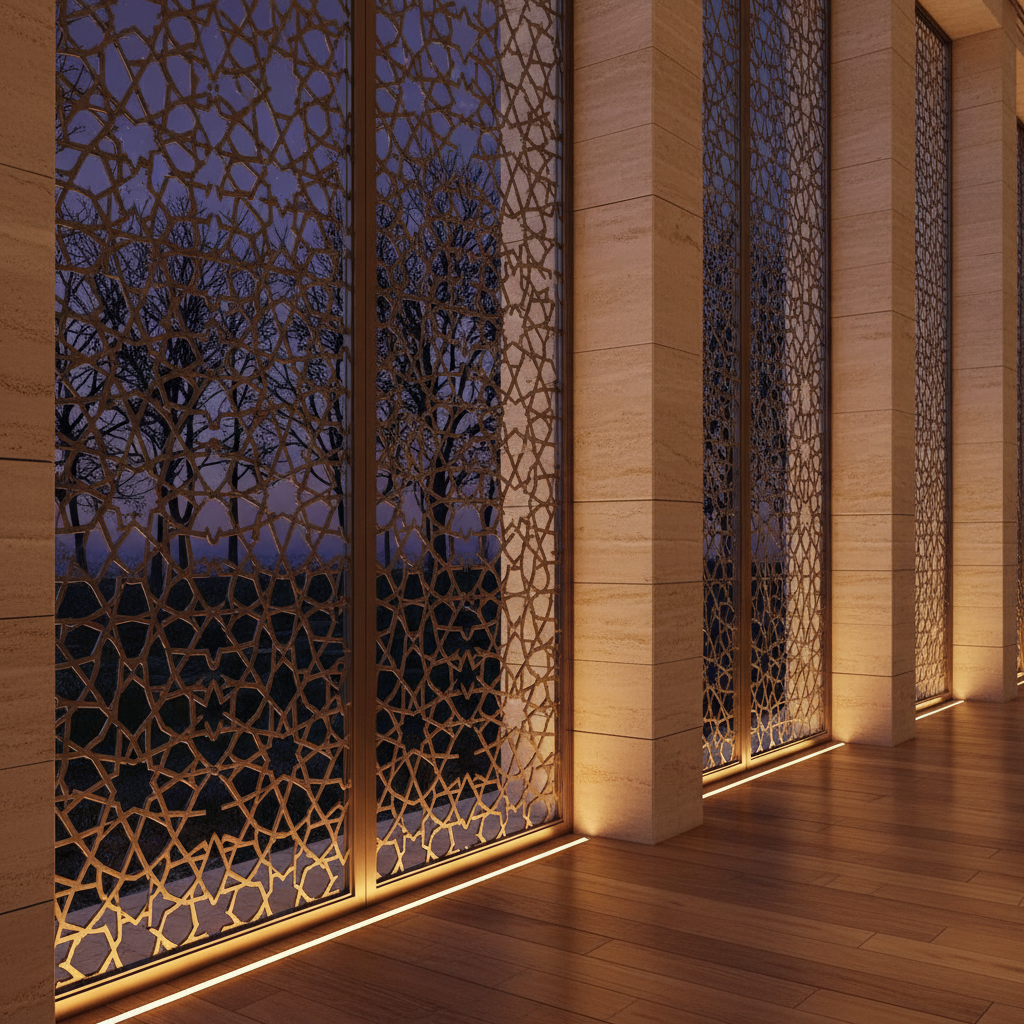 Geometric Metal Lattice Screens with Warm LED Uplighting in Luxury Resort Corridor