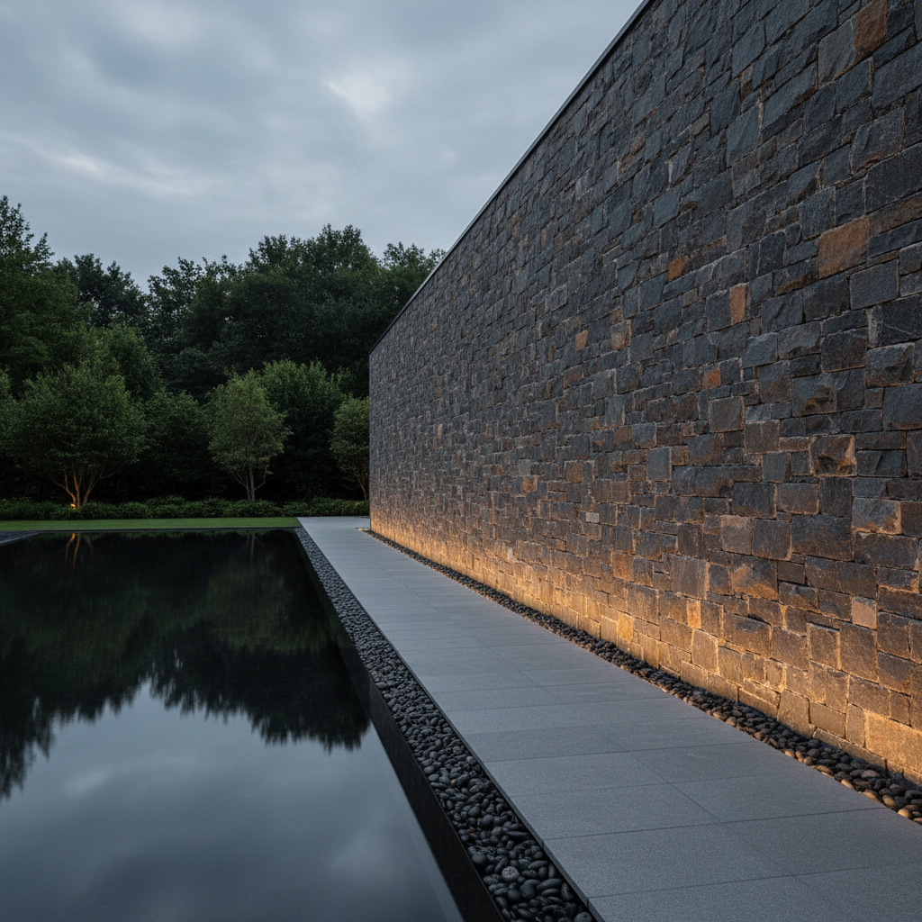 Grand Dry Stone Wall with Reflecting Pool at Dusk