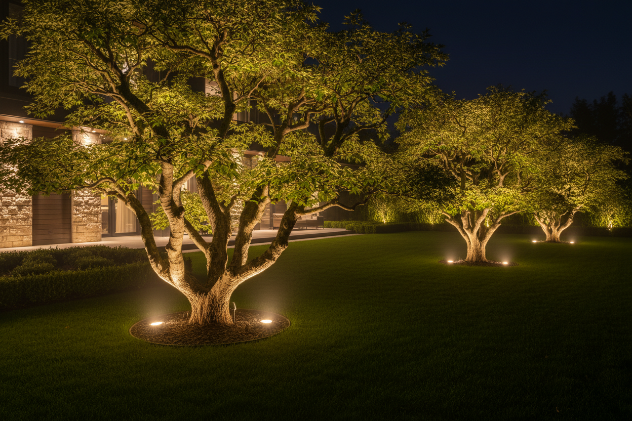 Luxury Residential Garden with LED Tree Ring Lighting at Night