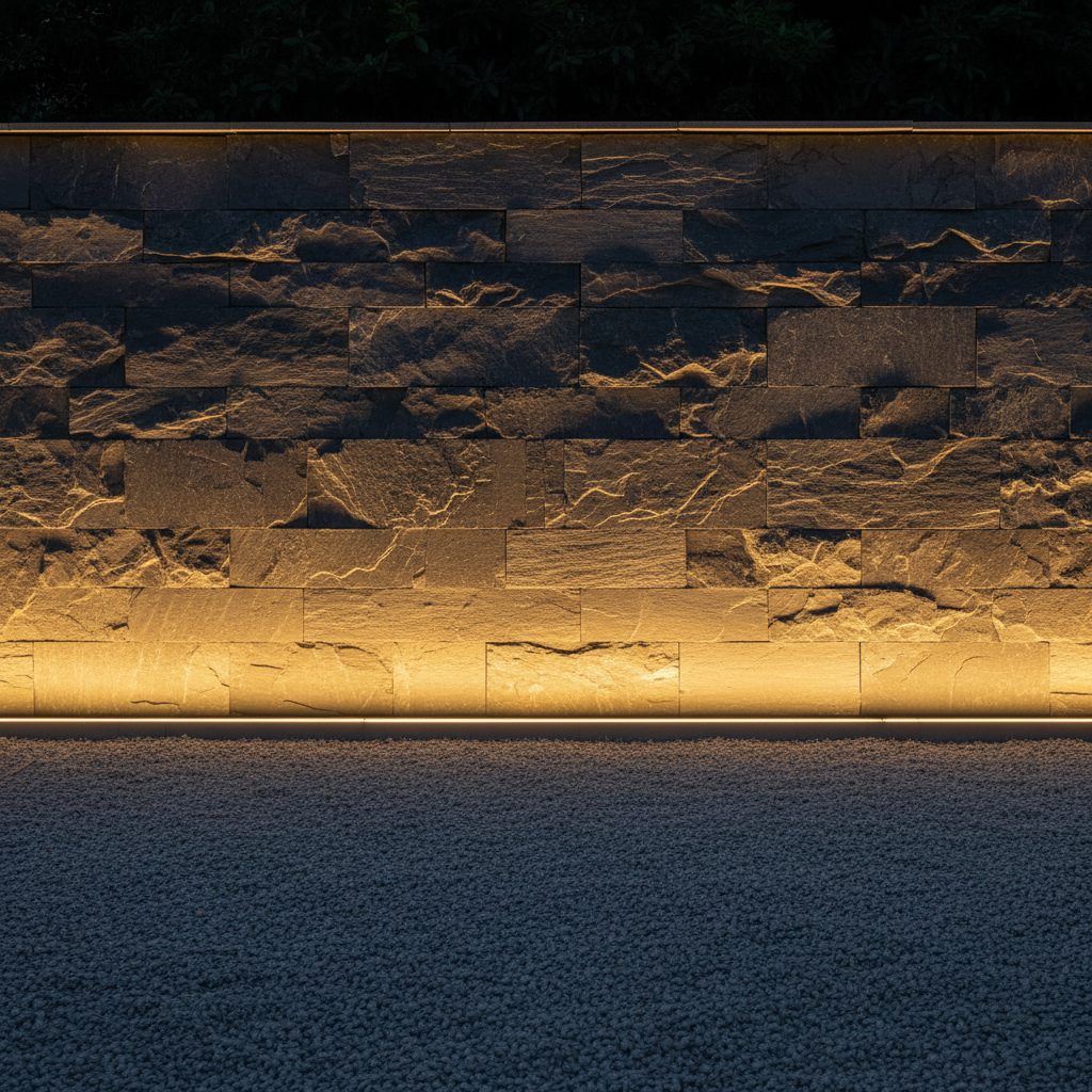 Minimalist Slate Stone Wall with Warm LED Ground Uplighting at Night