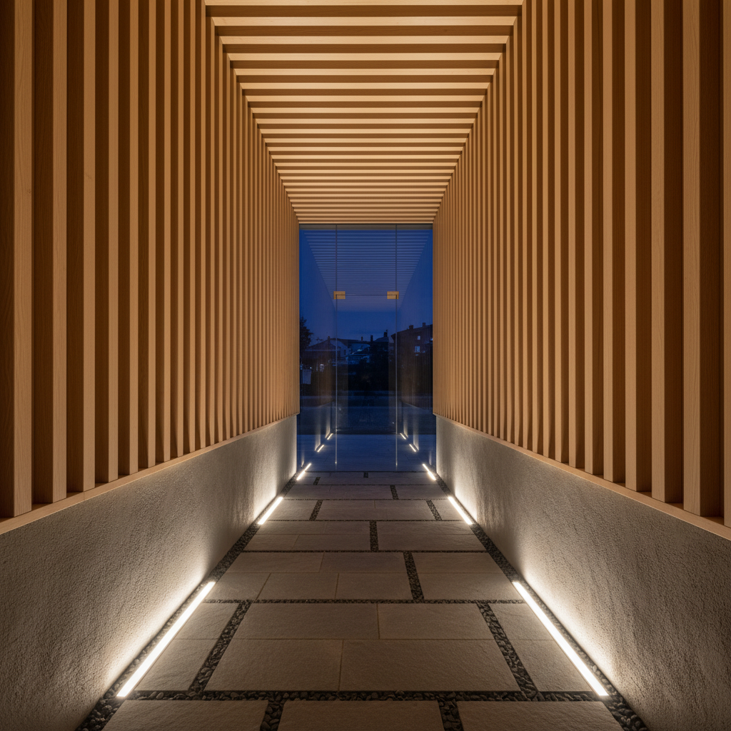 Modern Minimalist Architectural Hallway at Night with Warm Recessed Floor Lighting