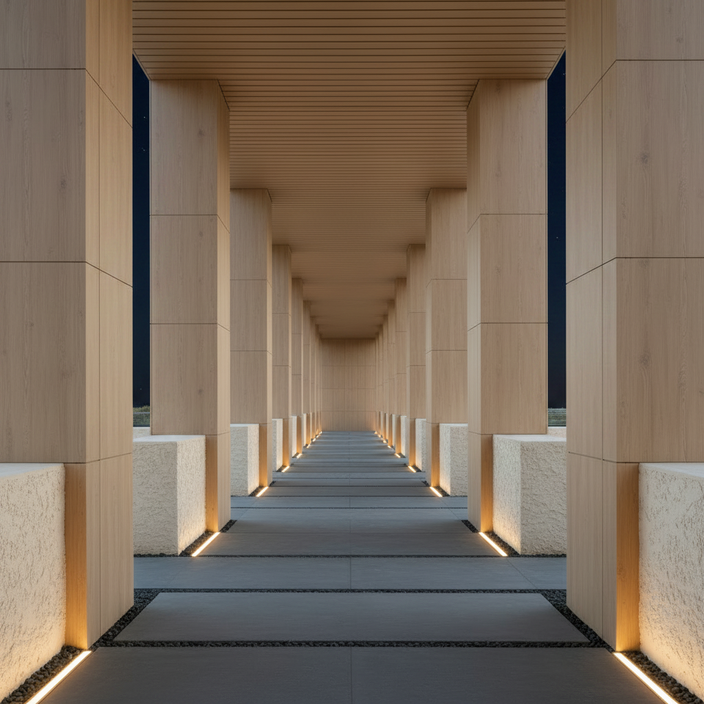 Semi-Outdoor Modern Corridor Colonnade at Night with Warm In-Ground Strip Lighting