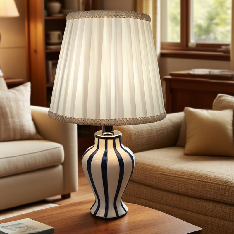 Blue and white striped ceramic table lamp