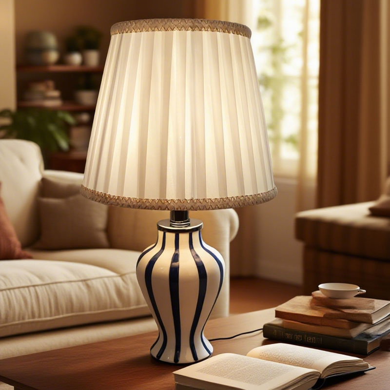 Blue and white striped ceramic table lamp