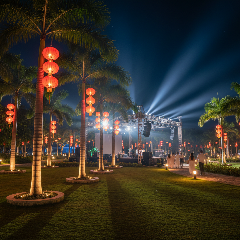 Tropical Night Festival Garden with Palm Trees and Red Lanterns